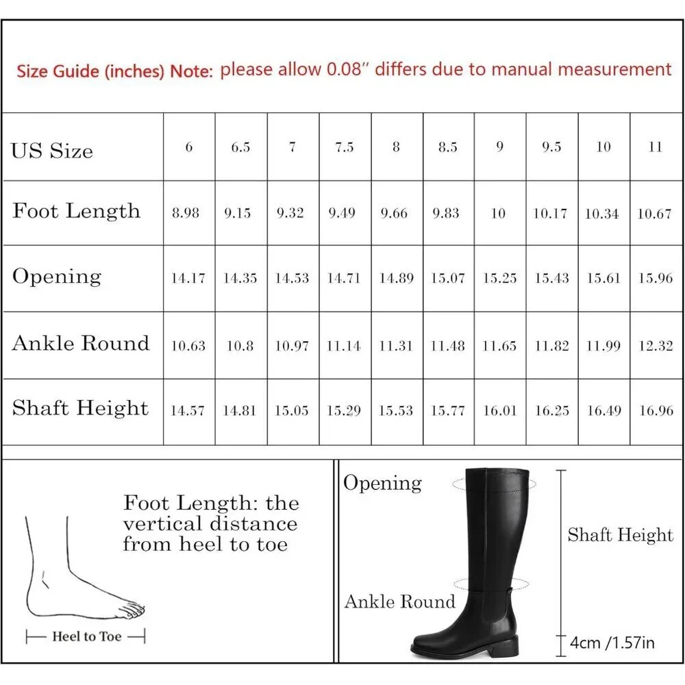 Women's Black Faux Leather Elastic Low Heel Square Toe Zipper Knee High Boots